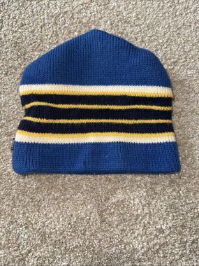 Vintage Smiley Ski Hat 100% Wool Beanie Nepal Black Yellow Blue Winter Hat